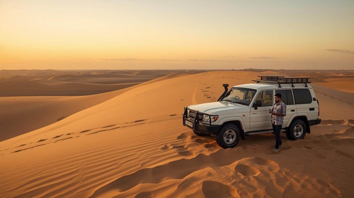 Tourist standing beside a 4x4 on Abu Dhabi desert dunes during sunrise while calmly contacting the safari operator to reschedule the booking.
