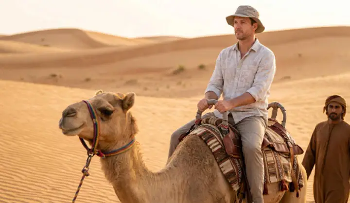 Man riding camel with guide in Abu Dhabi desert dunes.