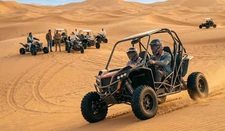 Dune buggy with two helmeted riders speeding across golden sand dunes in Abu Dhabi Desert, kicking up dust, with other buggies and people visible in the background.