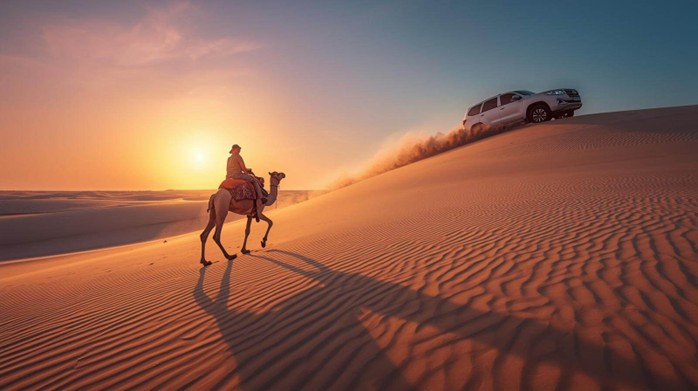 Camel ride across golden Abu Dhabi dunes at sunset with a 4x4 vehicle dune bashing in the background, showcasing realistic desert adventure.