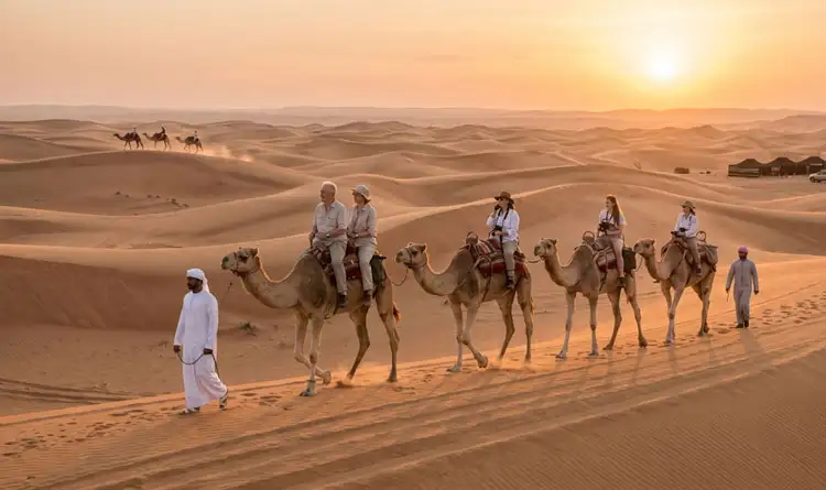 An guide leads a caravan of tourists on camels over golden desert dunes, with a distant group of camels visible on a ridge under a bright, warm sun.