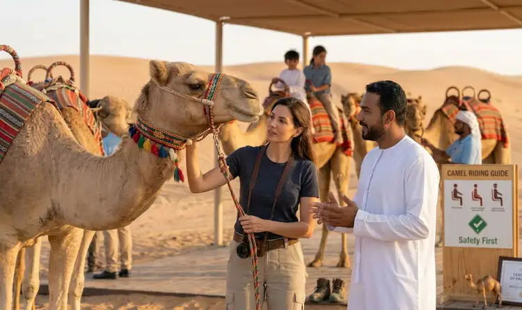 An guide wearing traditional attire speaks with a female tourist holding a camera next to a camel under a shaded structure, with a Safety First sign nearby.