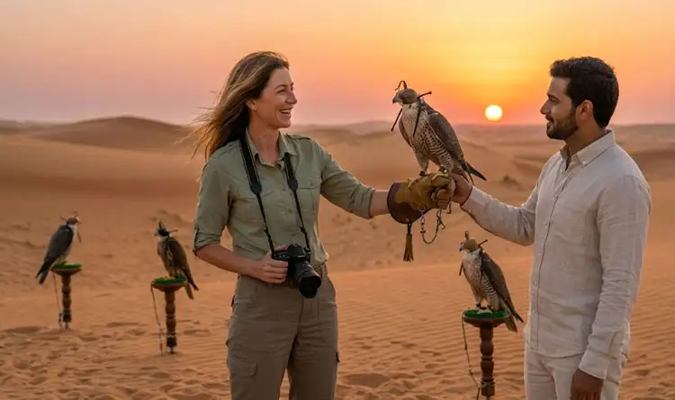 A smiling woman in safari attire holds a hooded falcon on a leather glove while interacting with a man in the desert dunes during a golden sunset, with three other hooded falcons perched on stands in the background.