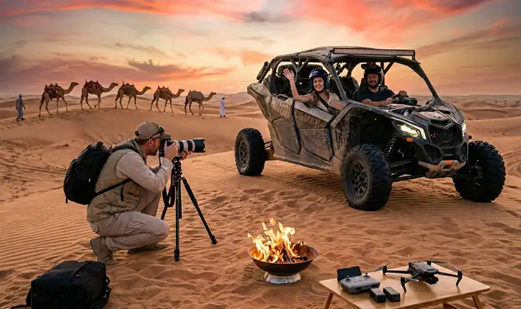 A photographer using a tripod to take a picture of a couple waving from a buggy in the Abu Dhabi desert, next to a fire pit and a drone layout on a small table.