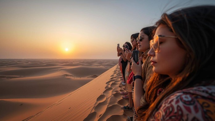 Sunset photo stop during an Abu Dhabi desert safari showing guests enjoying golden hour views.