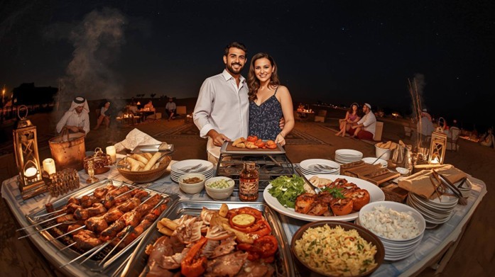 Traditional BBQ dinner at an Abu Dhabi desert safari camp with buffet and lantern-lit seating.