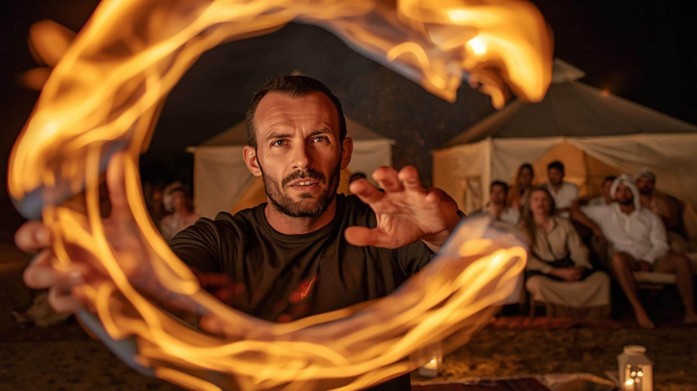 Fire show performance during evening entertainment at an Abu Dhabi desert safari camp.