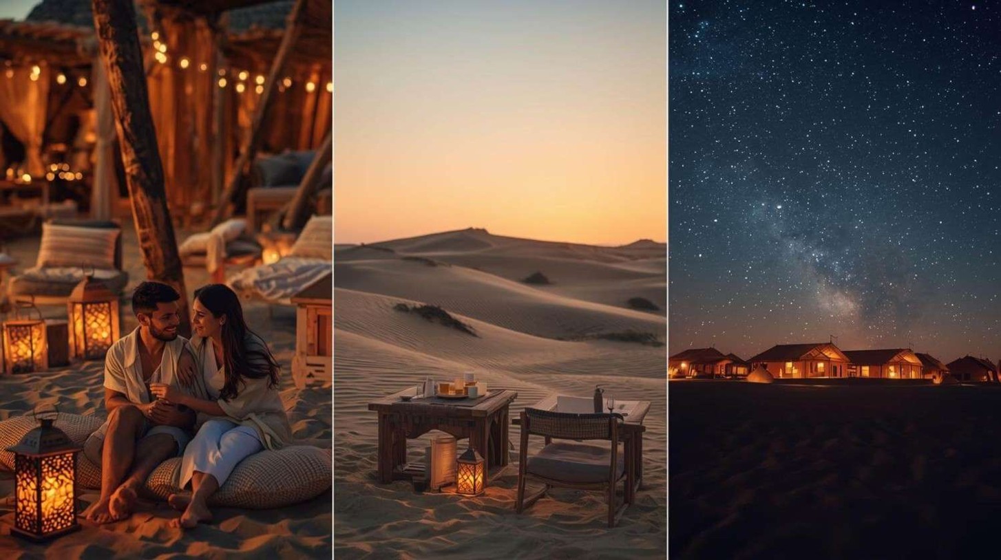 Visual comparison of evening, morning, and overnight desert safari experiences in Abu Dhabi.