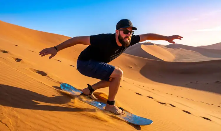 A traveler enjoying sandboarding down the golden dunes of Abu Dhabi, capturing the action and excitement of this thrilling desert activity.