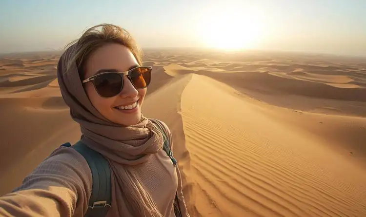 A serene sunrise over the golden sand dunes of Abu Dhabi, capturing the tranquility and beauty of the desert at dawn.