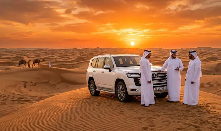 Stunning sunset over the Arabian desert with a 4x4 Land Cruiser and camels, offering an unforgettable **Overnight Desert Safari Abu Dhabi** experience.